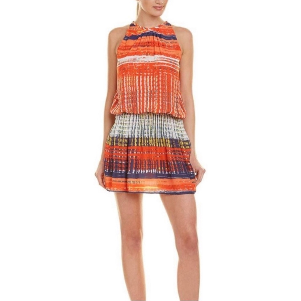 Ramy Brook Orange Red Halter Sleeveless Smocked Waist Mini Dress Size Medium